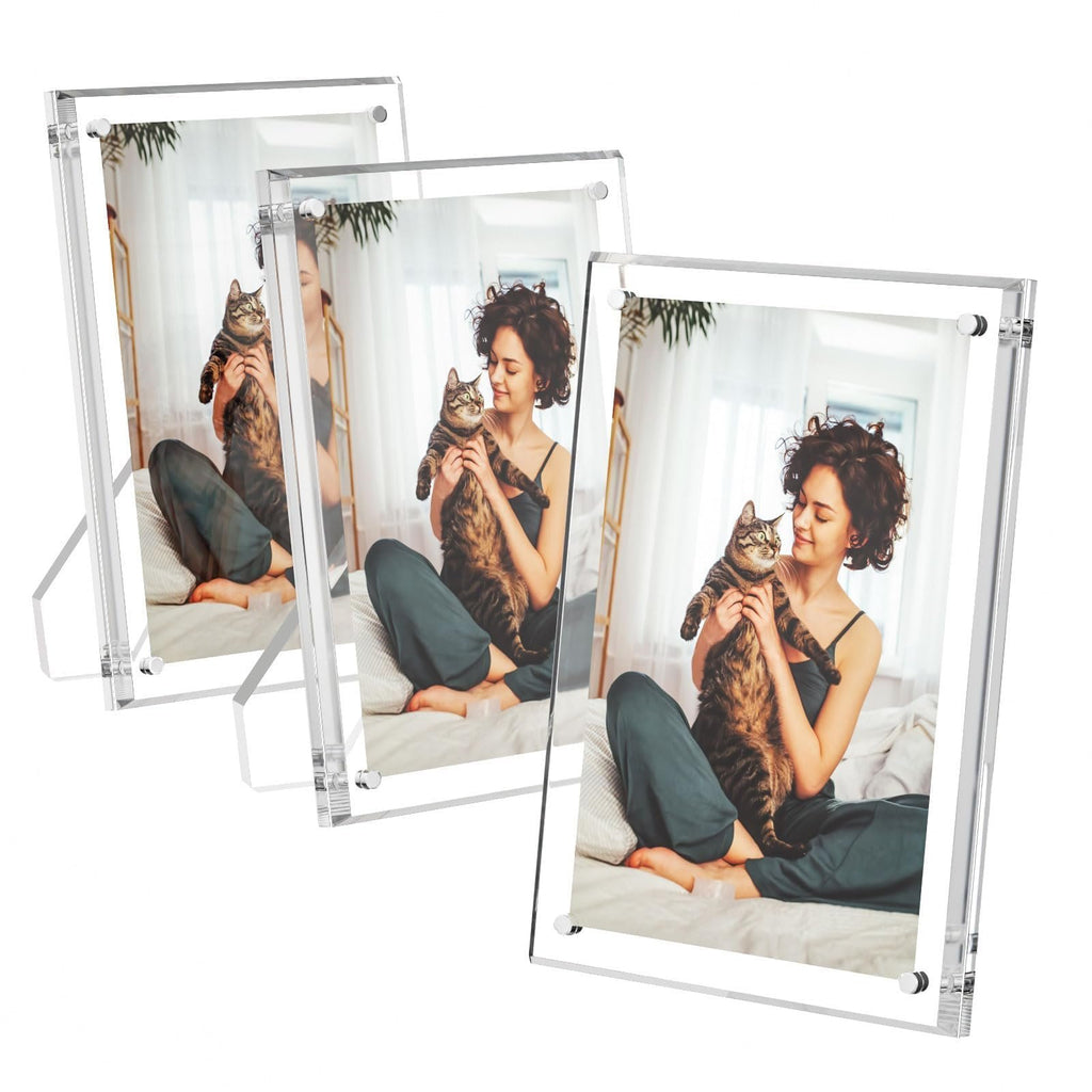 Three clear acrylic picture frames displaying a woman holding a cat, shown from a front-right angle on a white background.