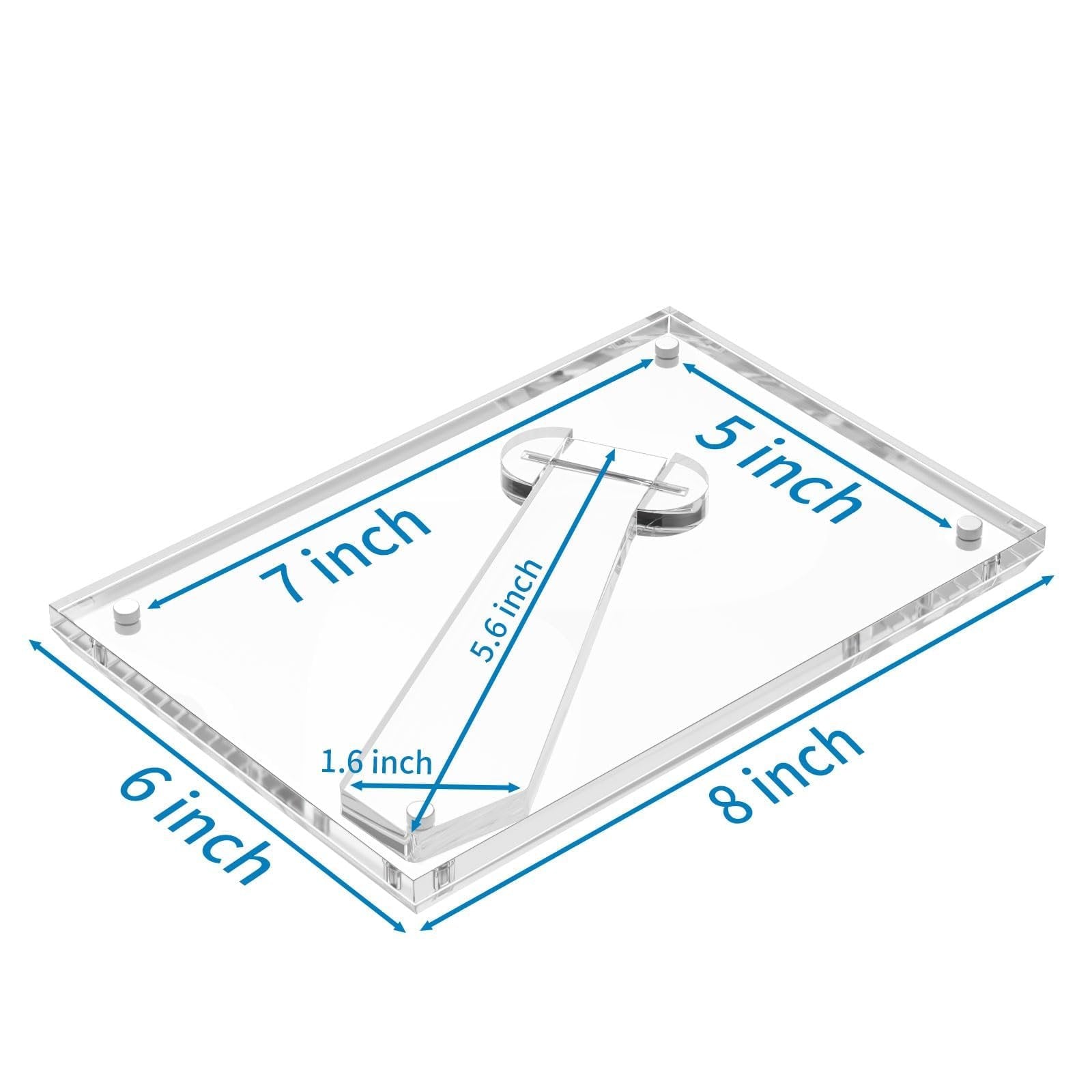 Clear acrylic picture frame with stand, showing dimensions 5x7 inches and 6x8 inches, with stand dimensions 5.6x1.6 inches.