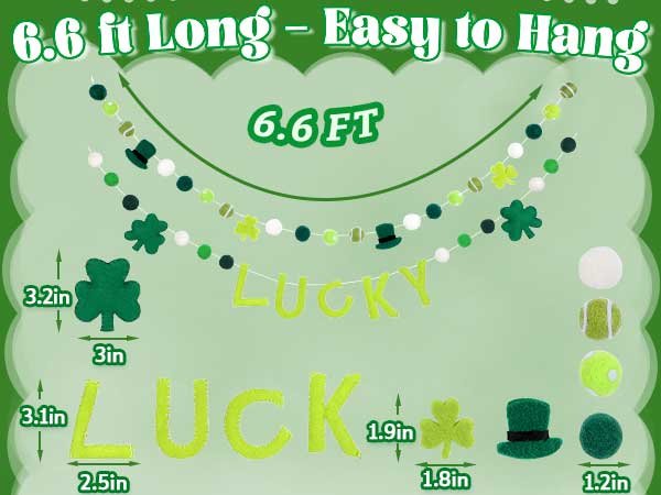 Green and white felt St. Patrick's Day garland with shamrocks, leprechaun hats, and pom poms. Includes 'LUCKY' banner and size dimensions.