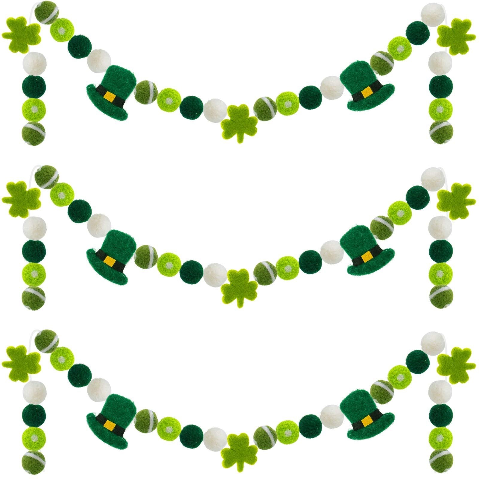 Three green and white felt pom pom garlands with shamrocks and leprechaun hats for St. Patrick's Day