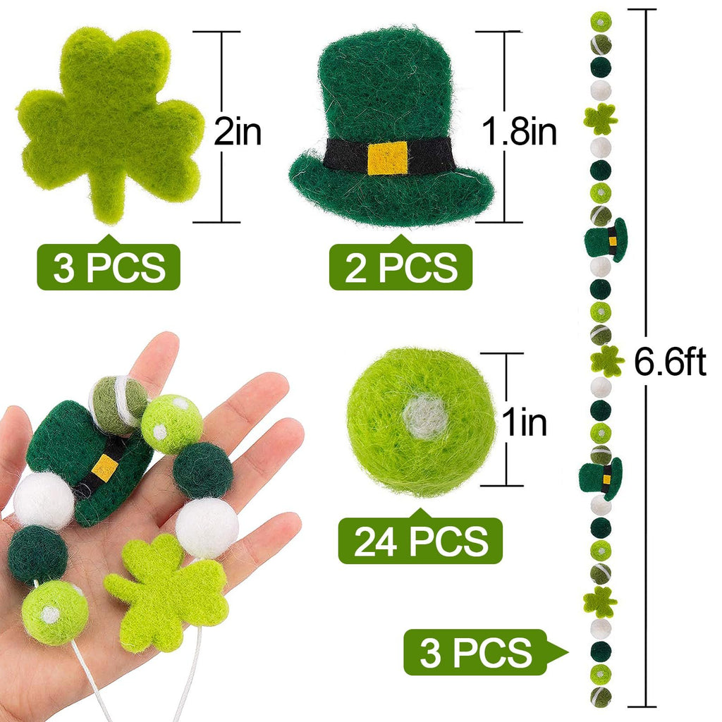 Felt St. Patrick's Day decorations including shamrocks, leprechaun hats, and pom poms, with size and quantity callouts.