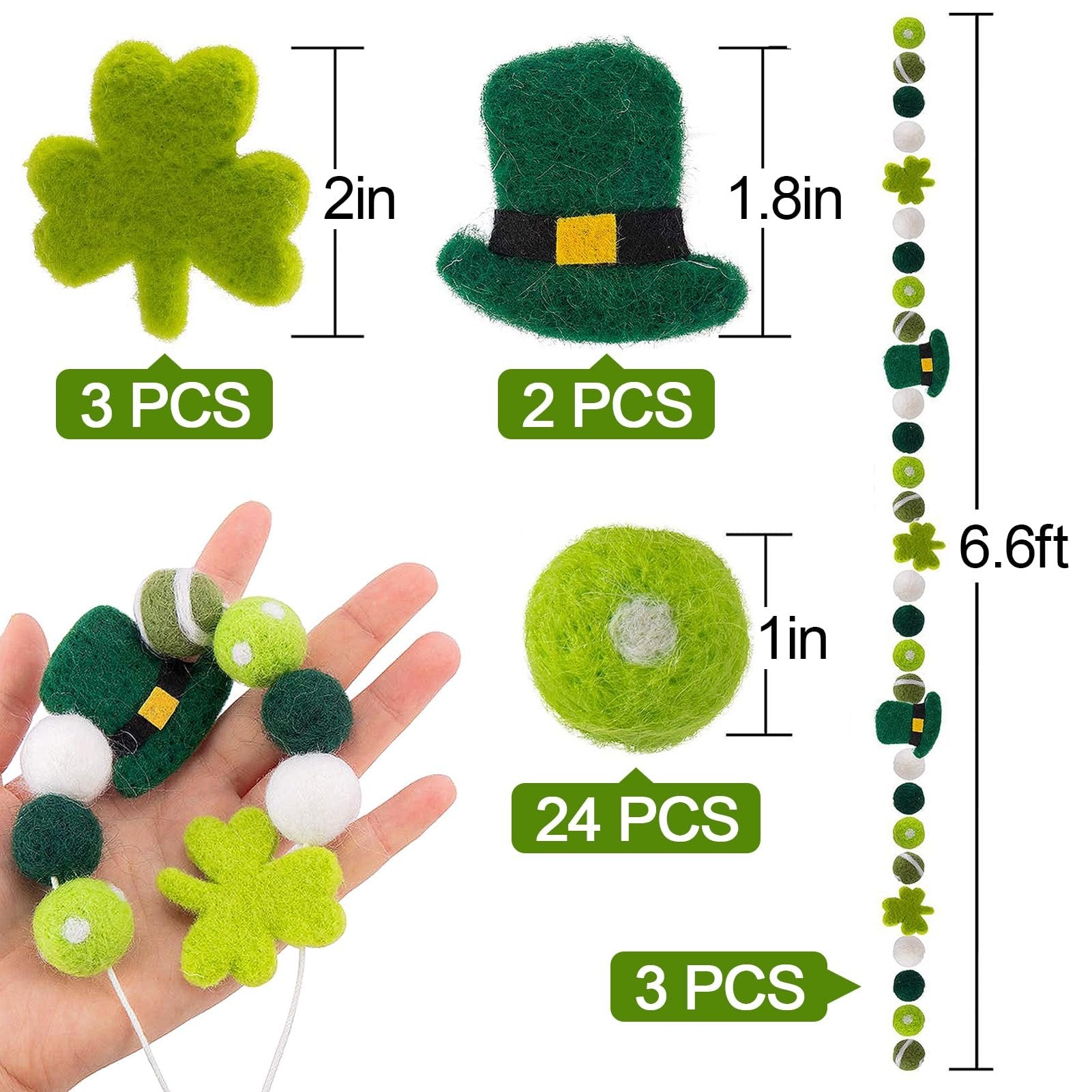 Felt St. Patrick's Day decorations including shamrocks, leprechaun hats, and pom poms, with size and quantity callouts.