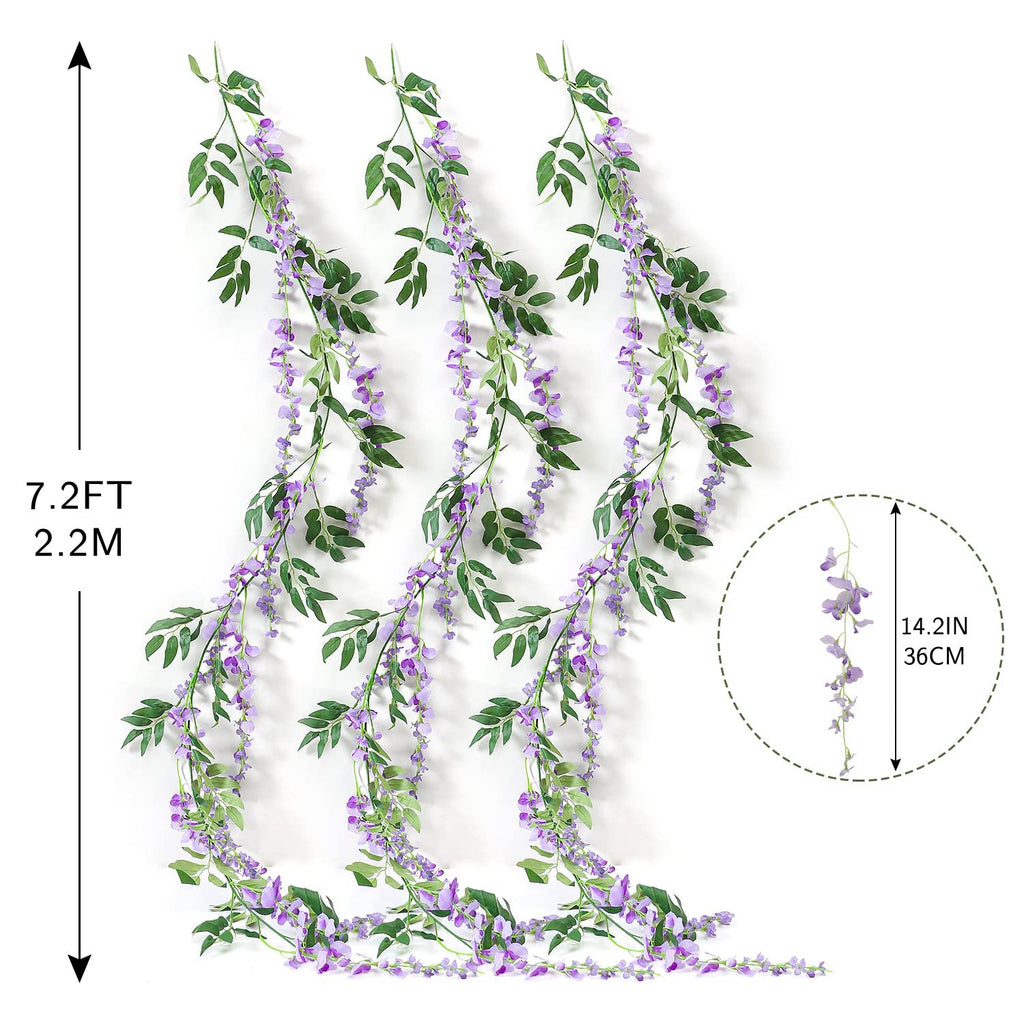 Three artificial wisteria garlands with purple flowers and green leaves arranged vertically on a white background. A close-up inset shows a single strand with dimensions.