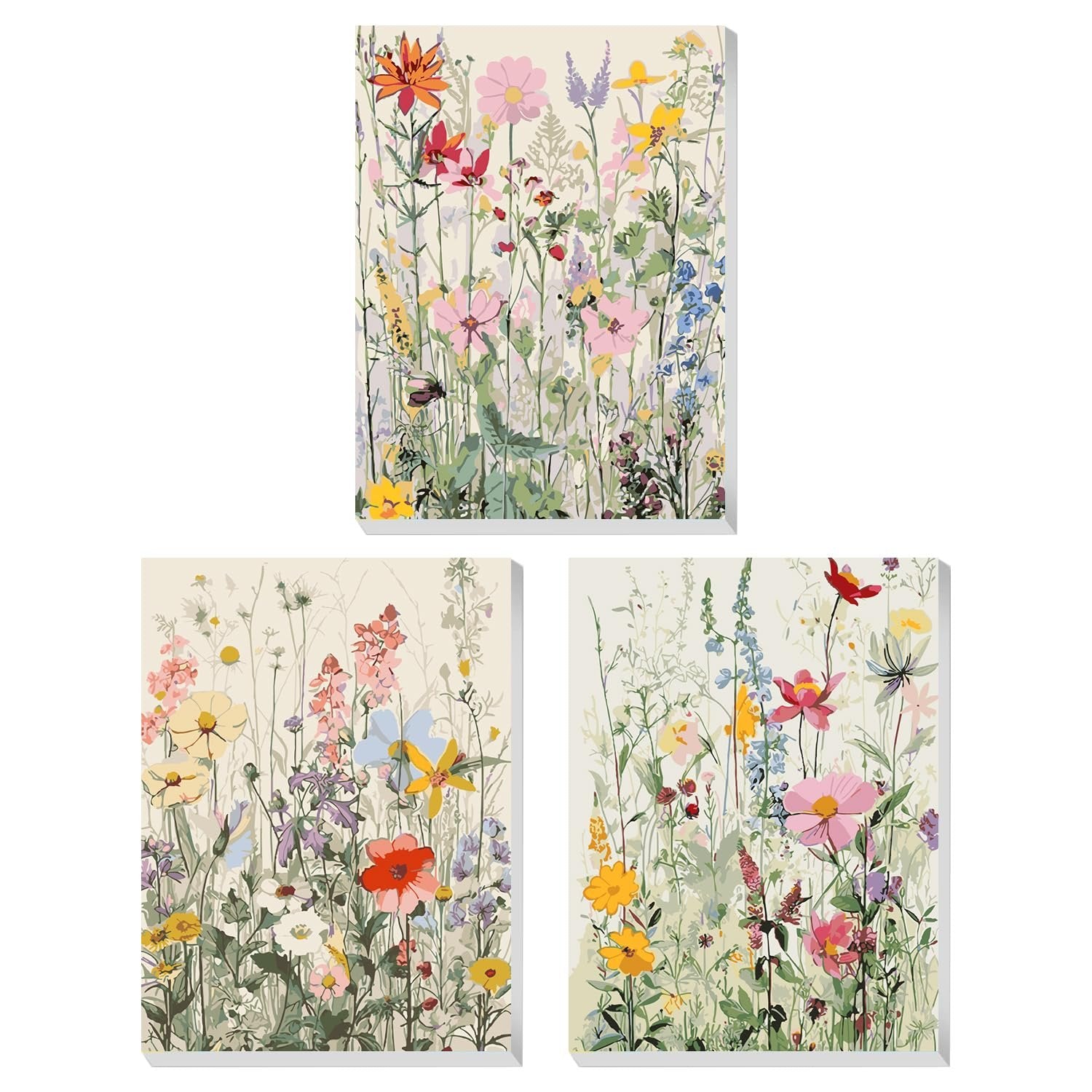 Three framed paint by numbers canvases featuring colorful wildflower arrangements on a cream background.