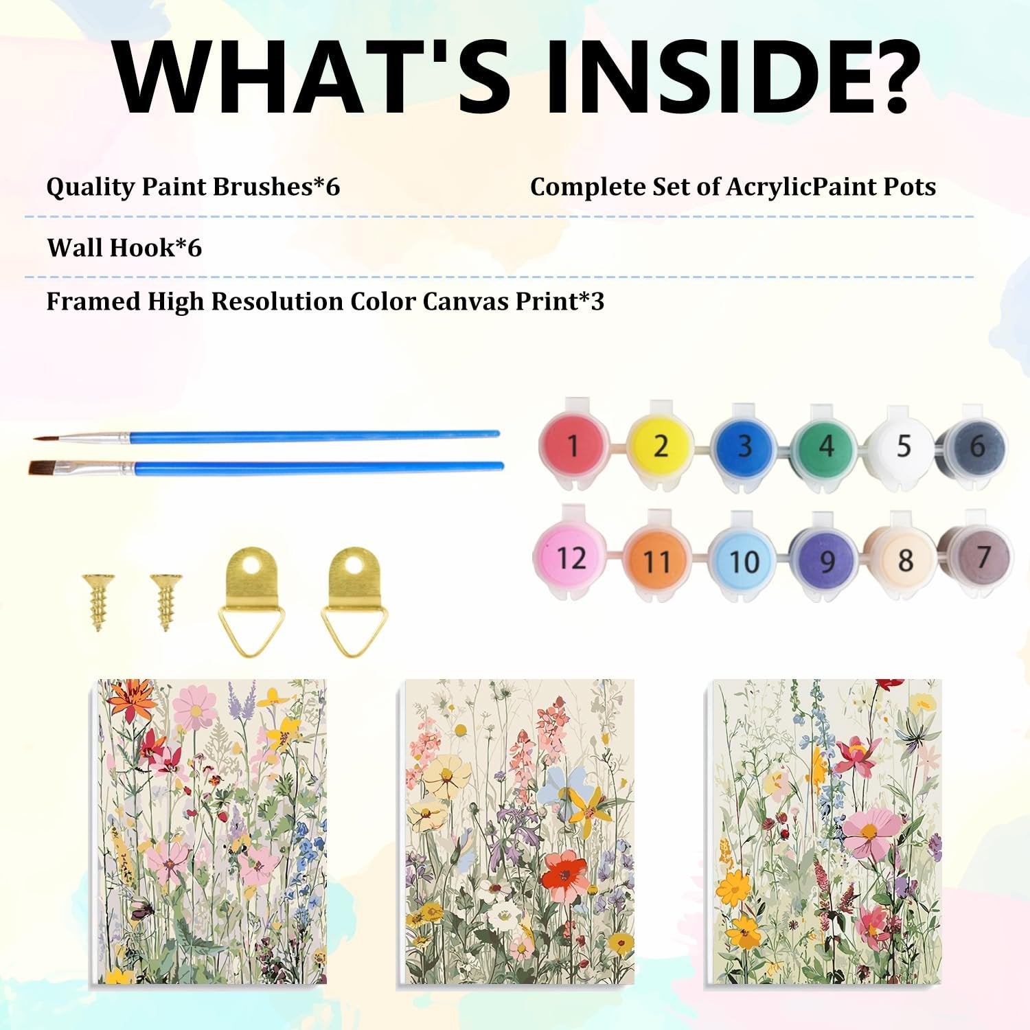 Paint by numbers kit contents: brushes, paint pots, screws, hooks, and three framed wildflower prints.