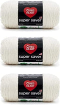 Three skeins of white acrylic yarn with Super Saver labels stacked vertically.
