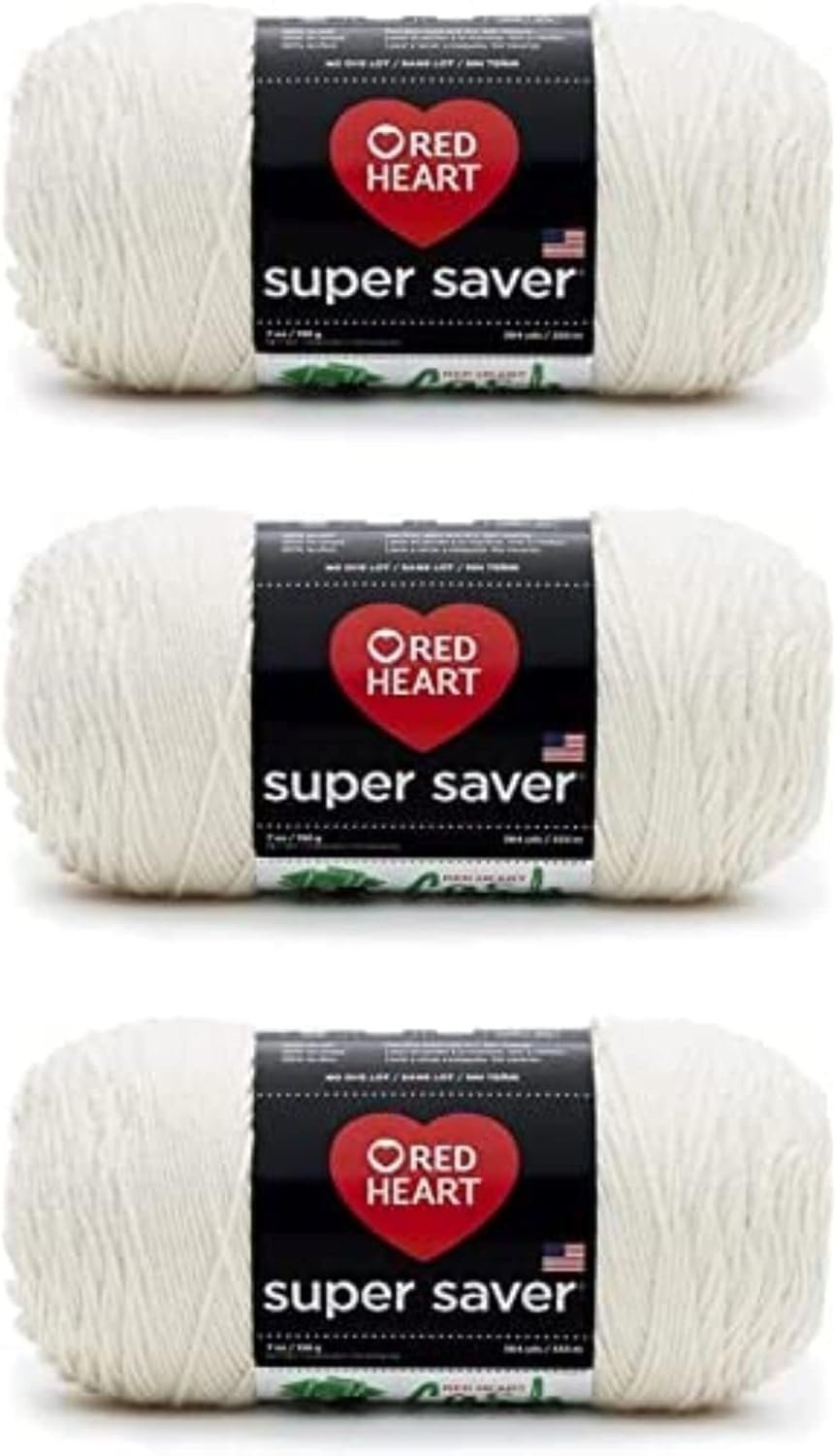 Three skeins of white acrylic yarn with Super Saver labels stacked vertically.