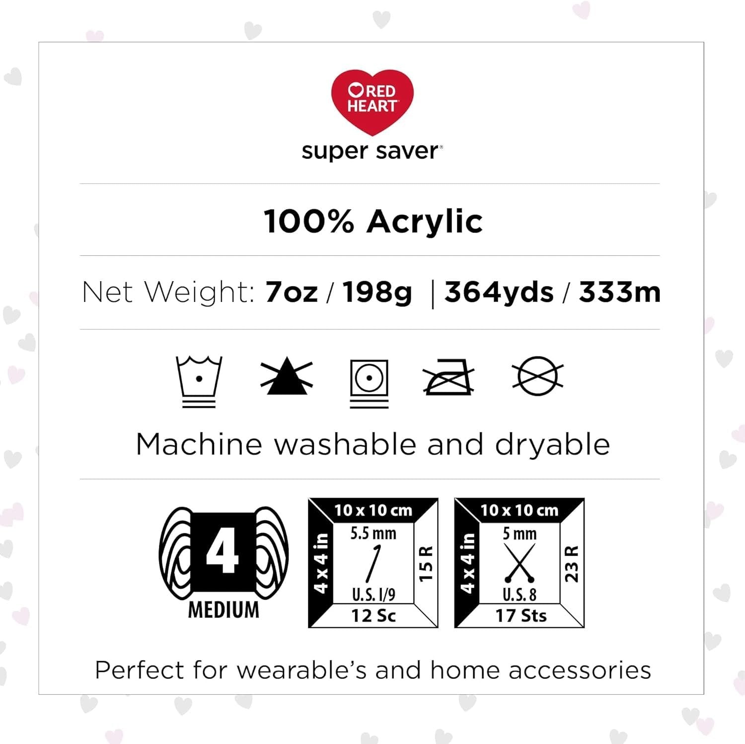 Super Saver acrylic yarn label showing weight, yardage, care instructions, and gauge information.