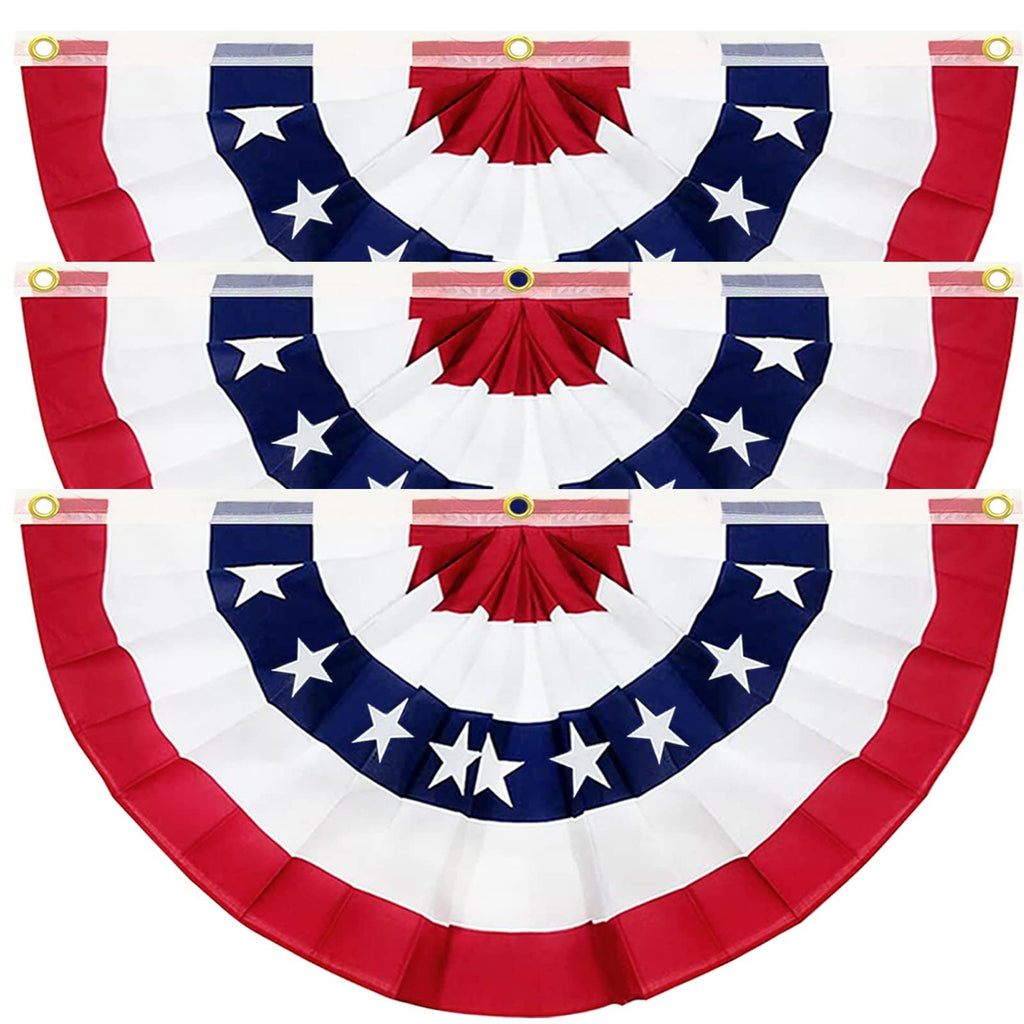 Three pleated American flag bunting decorations with red, white, and blue stripes and white stars.