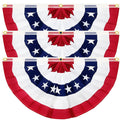 Three pleated American flag bunting decorations with red, white, and blue stripes and white stars.