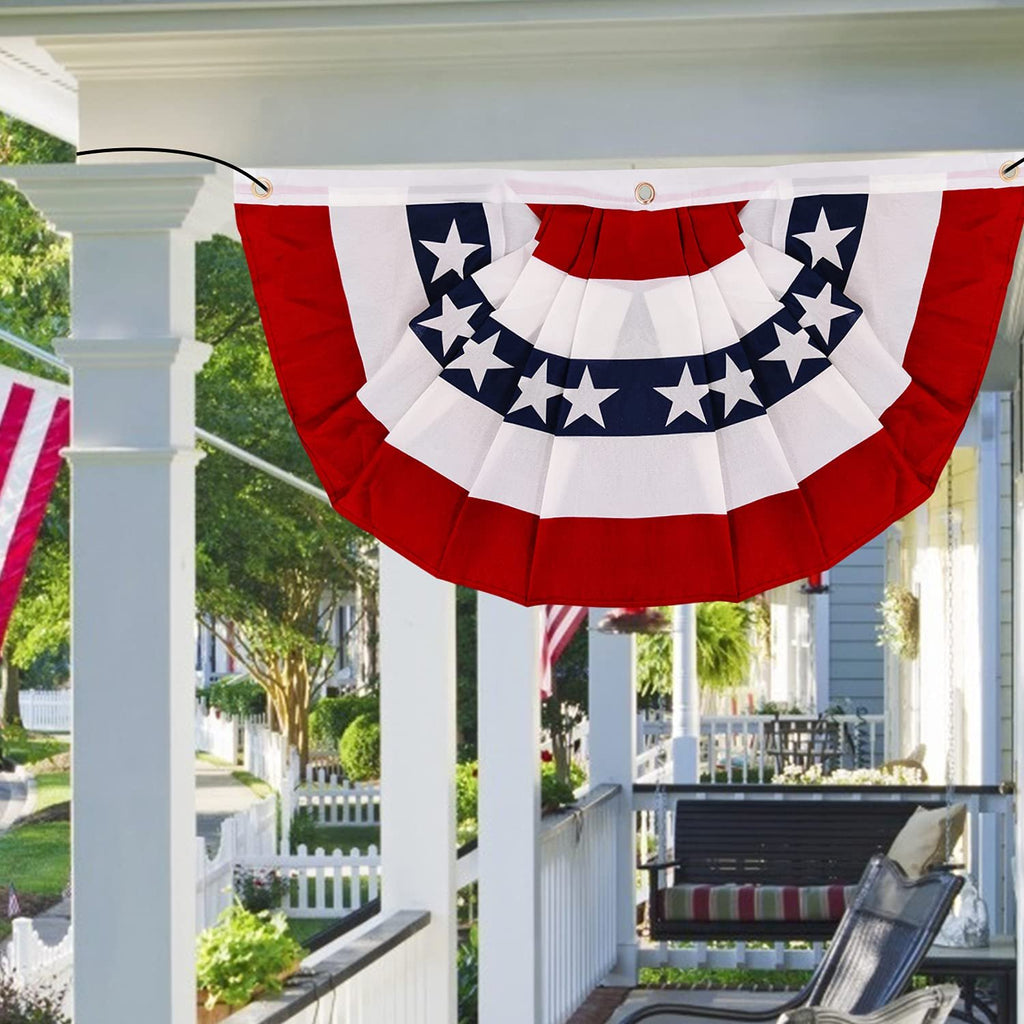 American pleated fan flag bunting with red, white, and blue stripes and stars, hanging on a porch.