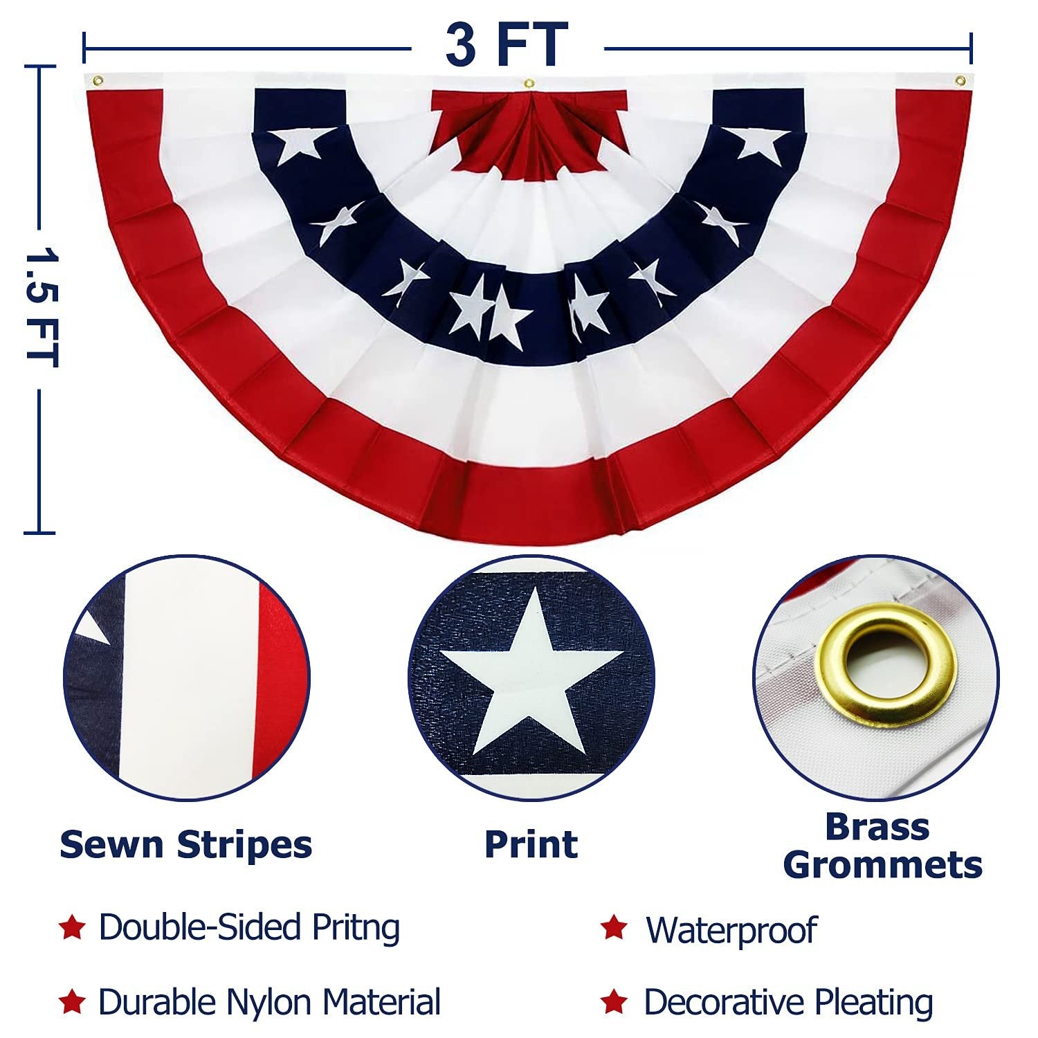 American pleated fan flag bunting with dimensions 1.5 x 3 ft, showing sewn stripes, print, and brass grommets.