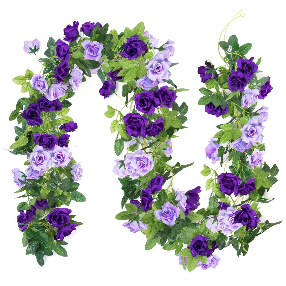 Artificial purple and lavender rose flower garland with green leaves on a white background