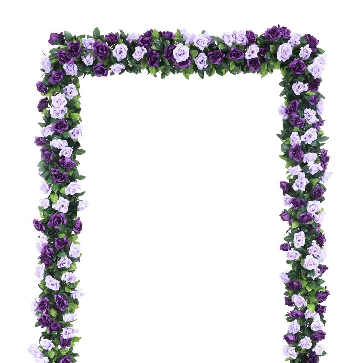 Artificial purple and lavender rose flower garland draped in an arch shape against a white background.