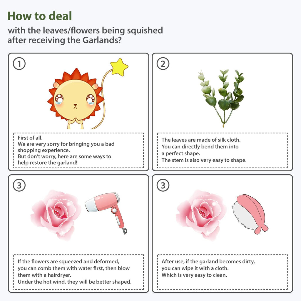 Infographic showing how to deal with squished artificial flower garlands, with illustrations and text instructions.