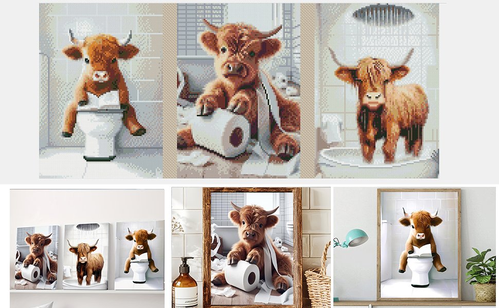 Three diamond art panels depicting highland cows on toilets, with additional lifestyle images below.