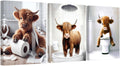 Three framed art panels depicting Highland cows in bathroom scenes: one with toilet paper, one in a shower, and one reading on a toilet.