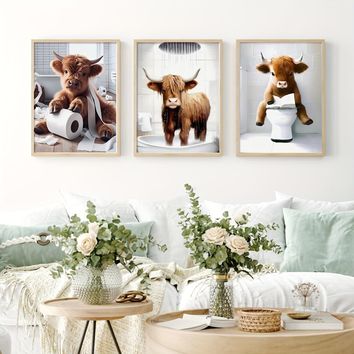 Three framed diamond art kits featuring highland cows in bathroom scenes displayed on a wall above a sofa.
