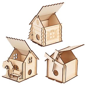 Three unfinished wooden birdhouse craft kits, one with a tree and bench, one log cabin style, and one windmill style, shown from the front.