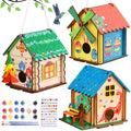 Three decorated wooden birdhouse craft kits with paints, brushes, and stickers shown.