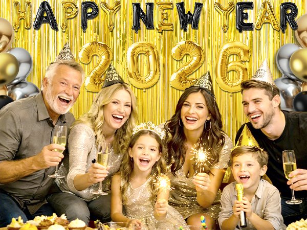 Family celebrating New Year's Eve with gold and silver balloons and 'Happy New Year 2026' foil banners.