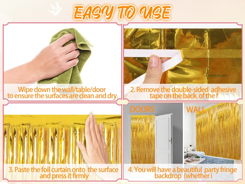 Four-panel graphic showing how to install gold foil fringe curtains for party decor.