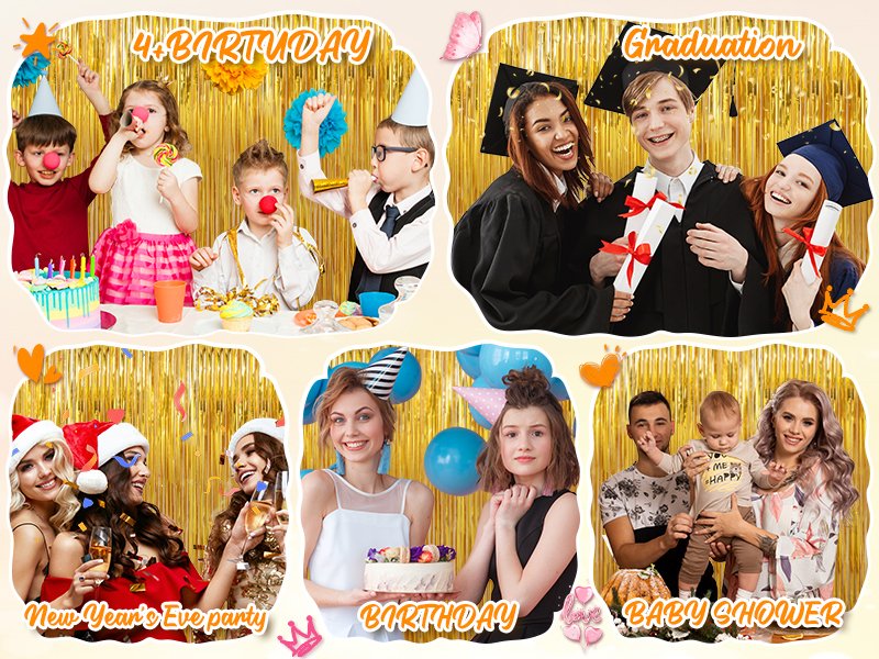 Collage of party scenes with gold fringe curtains: birthday party, graduation, New Year's Eve, and baby shower.