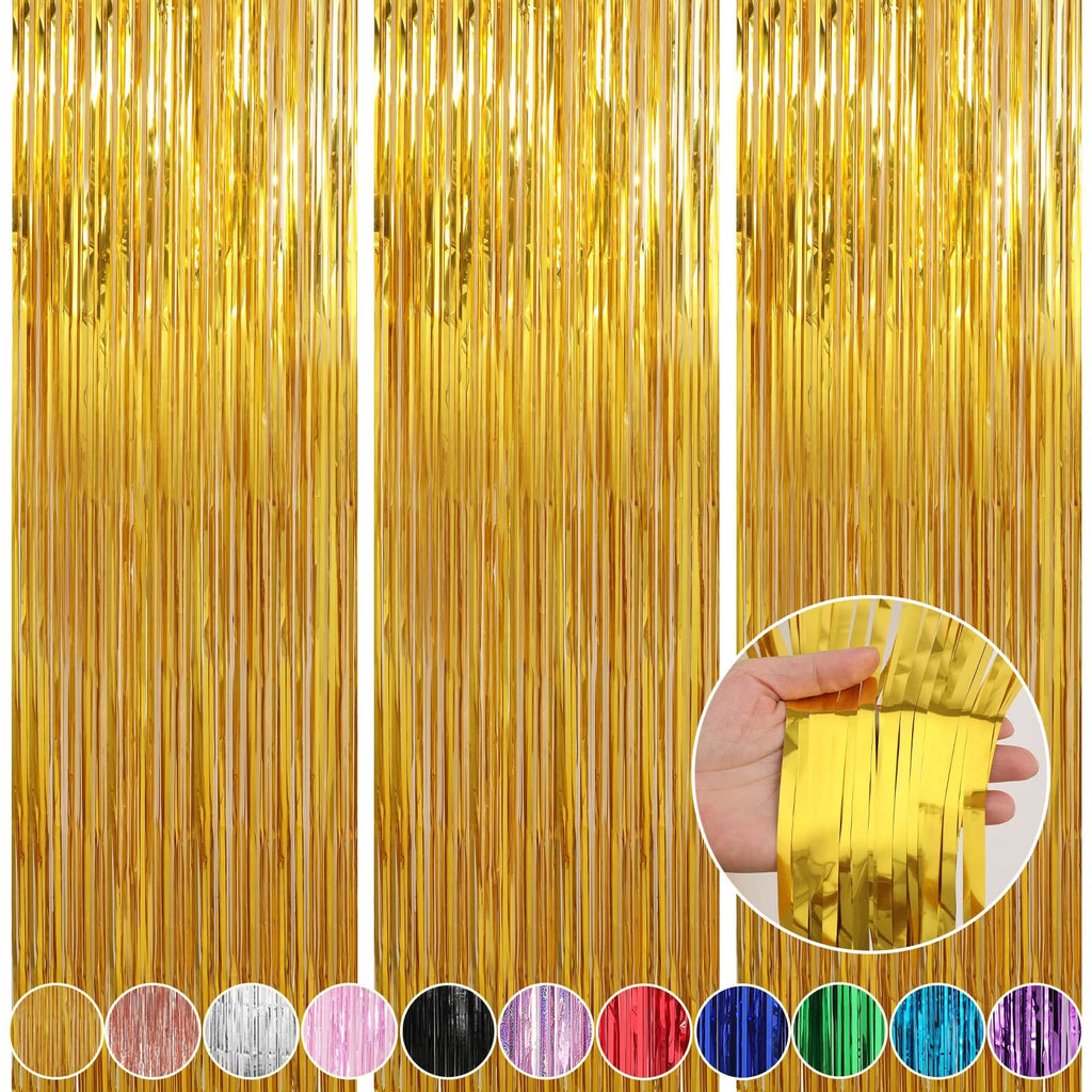 Three gold foil fringe curtains hanging, with a close-up inset of a hand holding the fringe.