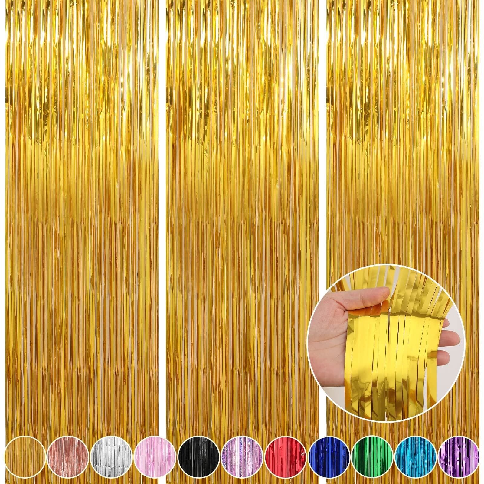 Three gold foil fringe curtains hanging, with a close-up inset of a hand holding the fringe.