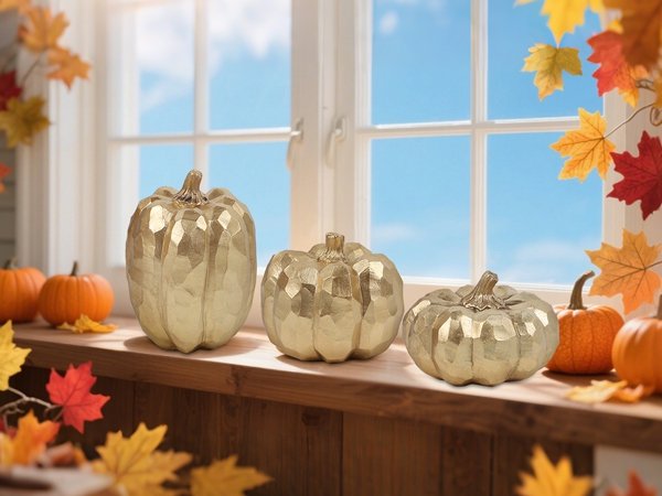Three gold decorative pumpkins displayed on a wooden windowsill with autumn leaves and a window in the background.