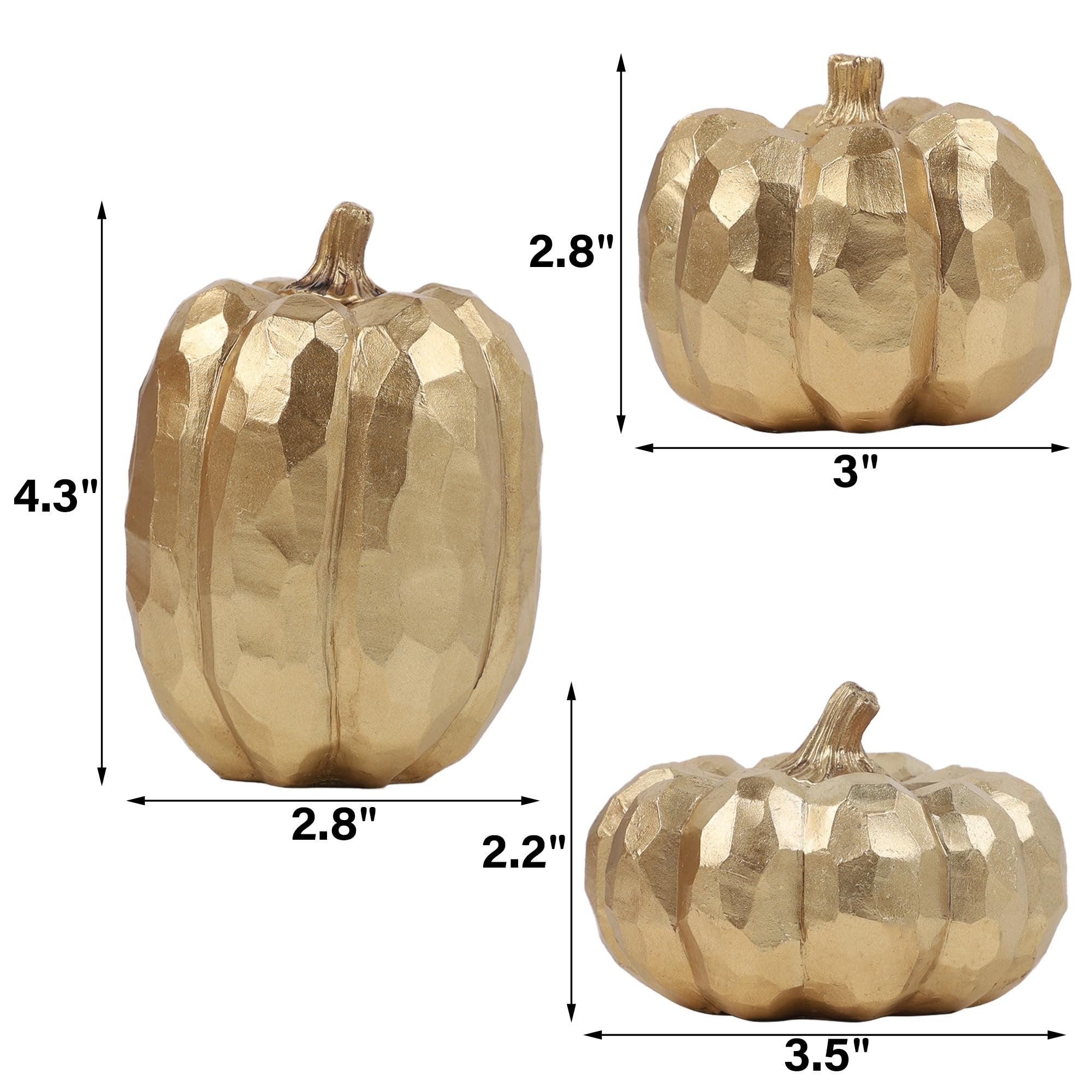 Three gold resin pumpkins with faceted surfaces, shown with dimension callouts for height and width.