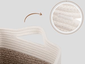 Close-up of woven storage basket handle and rope texture detail, with curved arrow pointing to magnified view.