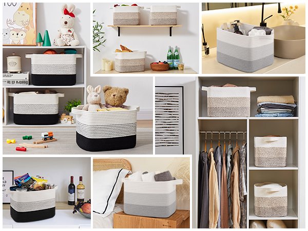 Collage of gradient yellow woven storage baskets in various settings, including shelves, a closet, and a bathroom counter.