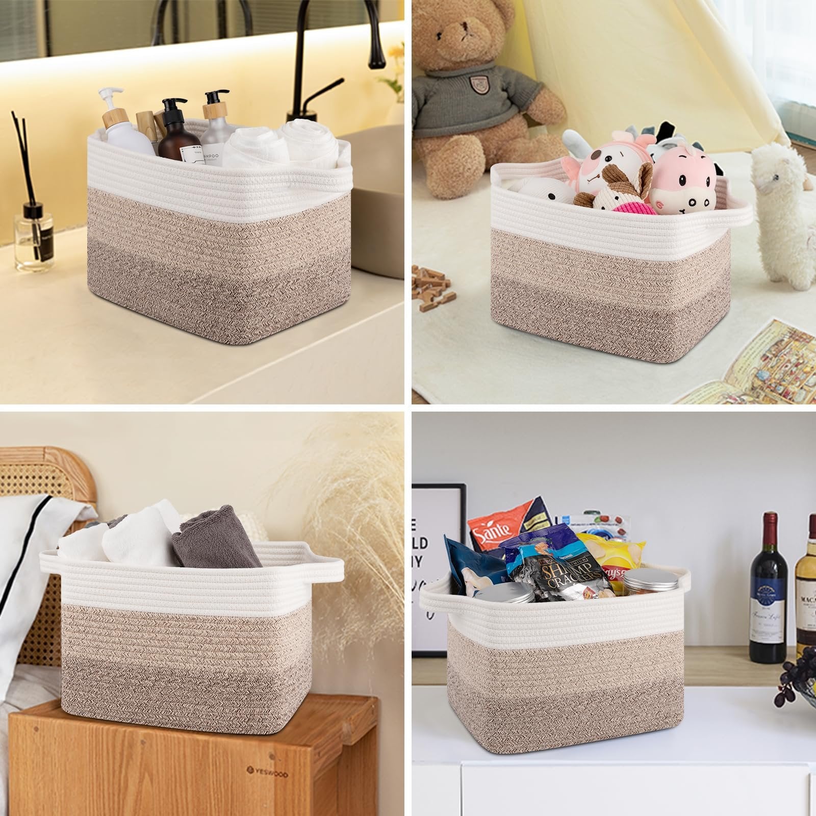 Four woven storage baskets with gradient yellow and beige tones, shown in different settings with various items.