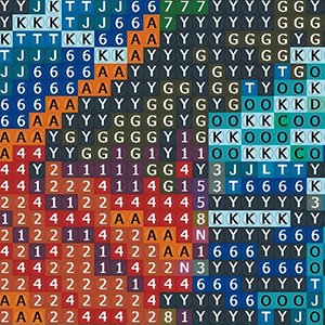 Diamond painting kit grid with color-coded symbols for placing gems, close-up view.