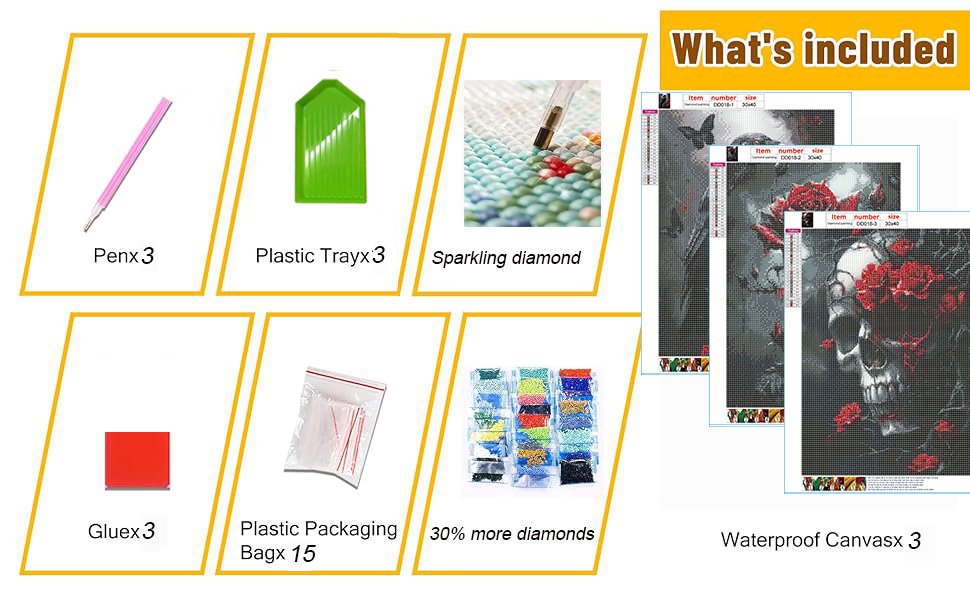 Diamond art kit contents including pens, trays, glue, packaging bags, diamonds, and canvases with skull designs.