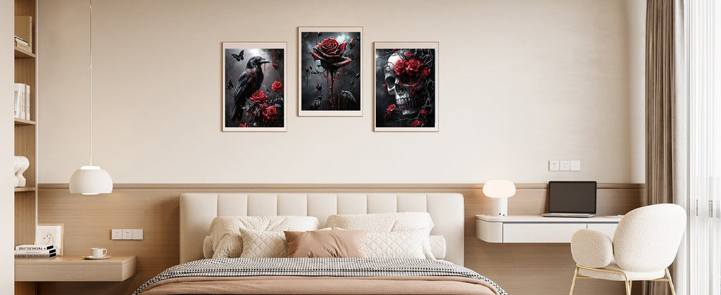 Three framed Halloween-themed diamond art paintings of a crow, a rose, and a skull displayed above a bed.