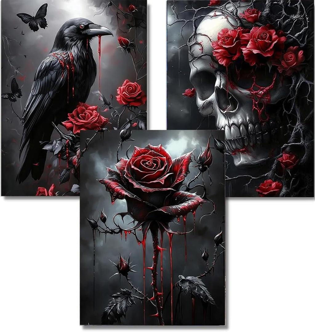 Collage of three gothic Halloween diamond art kit designs: a raven with red roses, a skull with red roses, and a bleeding red rose.