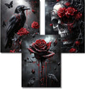 Collage of three gothic Halloween diamond art kit designs: a raven with red roses, a skull with red roses, and a bleeding red rose.