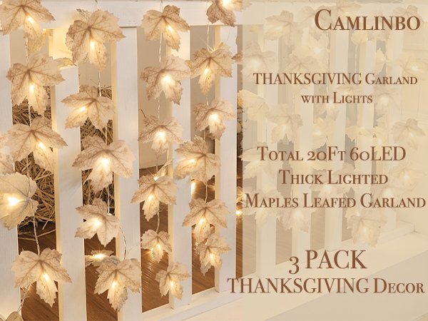 Lighted maple leaf garland with warm white LEDs draped on a white railing, featuring text overlays.