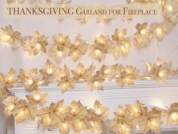 Lighted maple leaf garland with warm white LEDs draped over a fireplace mantel