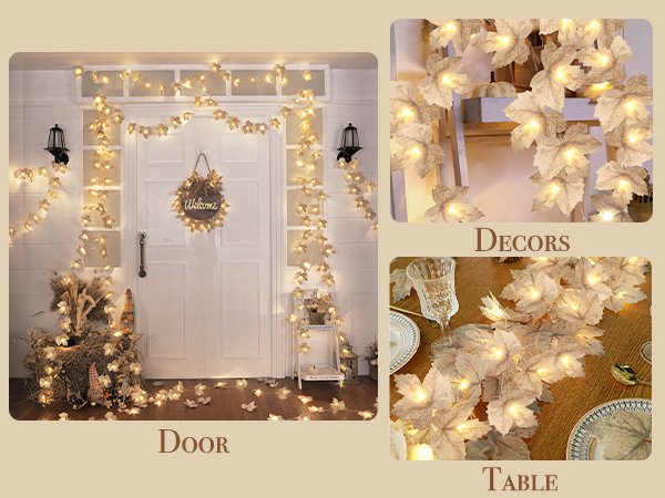 Lighted maple leaf garland draped around a door and on a table, with warm white LEDs illuminating the faux leaves.