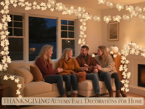 Four people sitting on a couch in a living room decorated with lighted maple leaf garlands for fall.