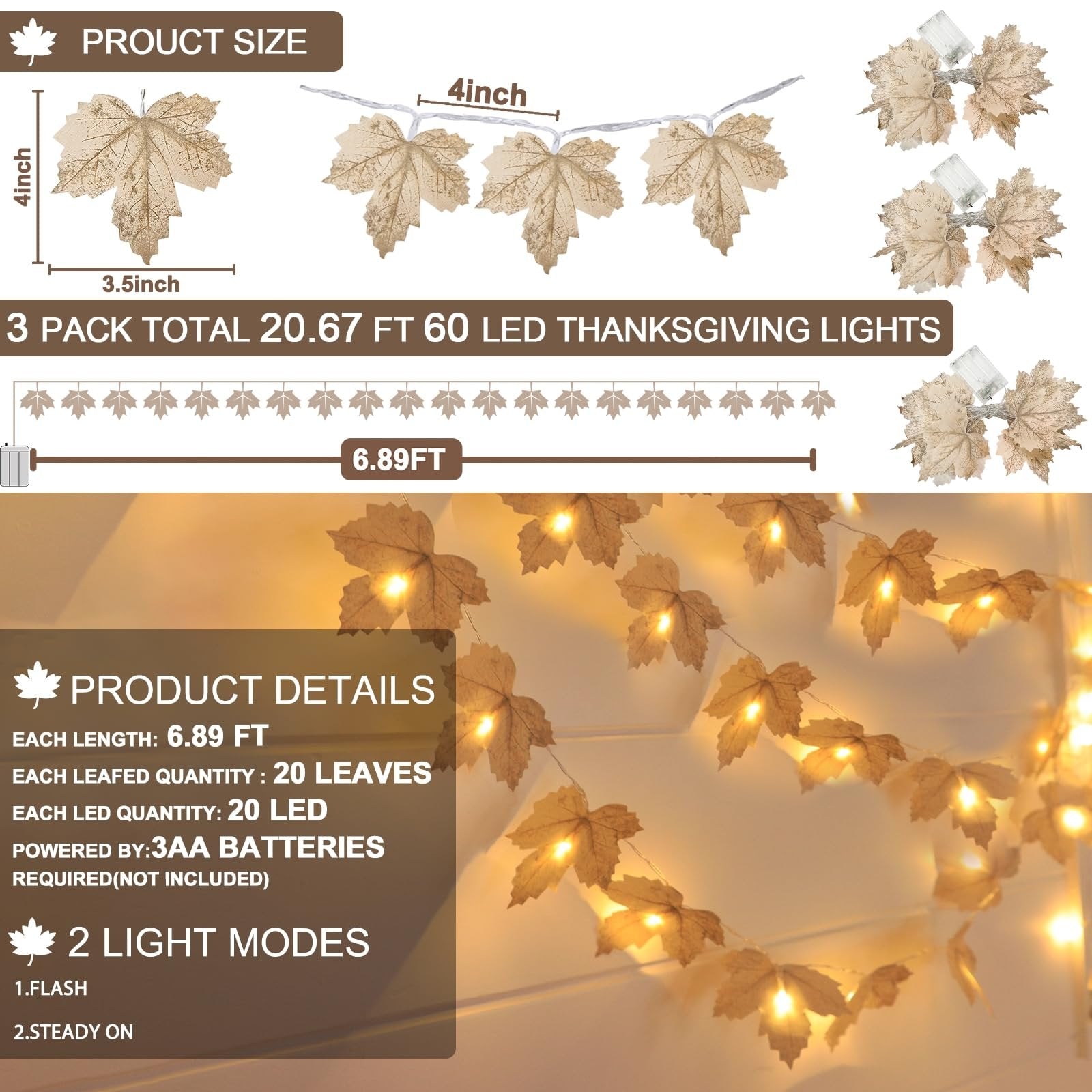 Lighted maple leaf garland with warm white LEDs, showing dimensions and product details.