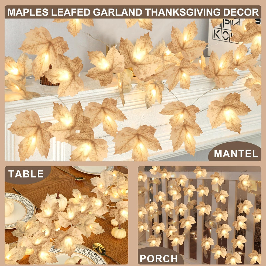 Lighted maple leaf garland with warm white LEDs shown on a mantel, table, and porch railing.