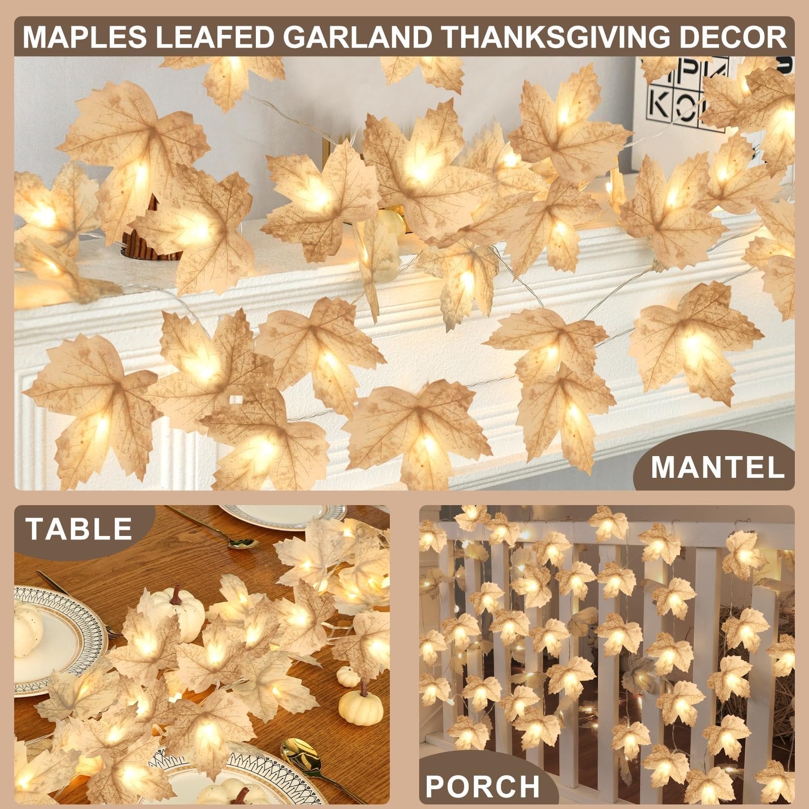 Lighted maple leaf garland with warm white LEDs shown on a mantel, table, and porch railing.