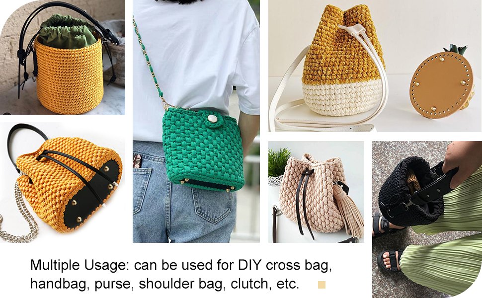 Collage of crocheted bags and a leather purse bottom with holes, showing various colors and styles.