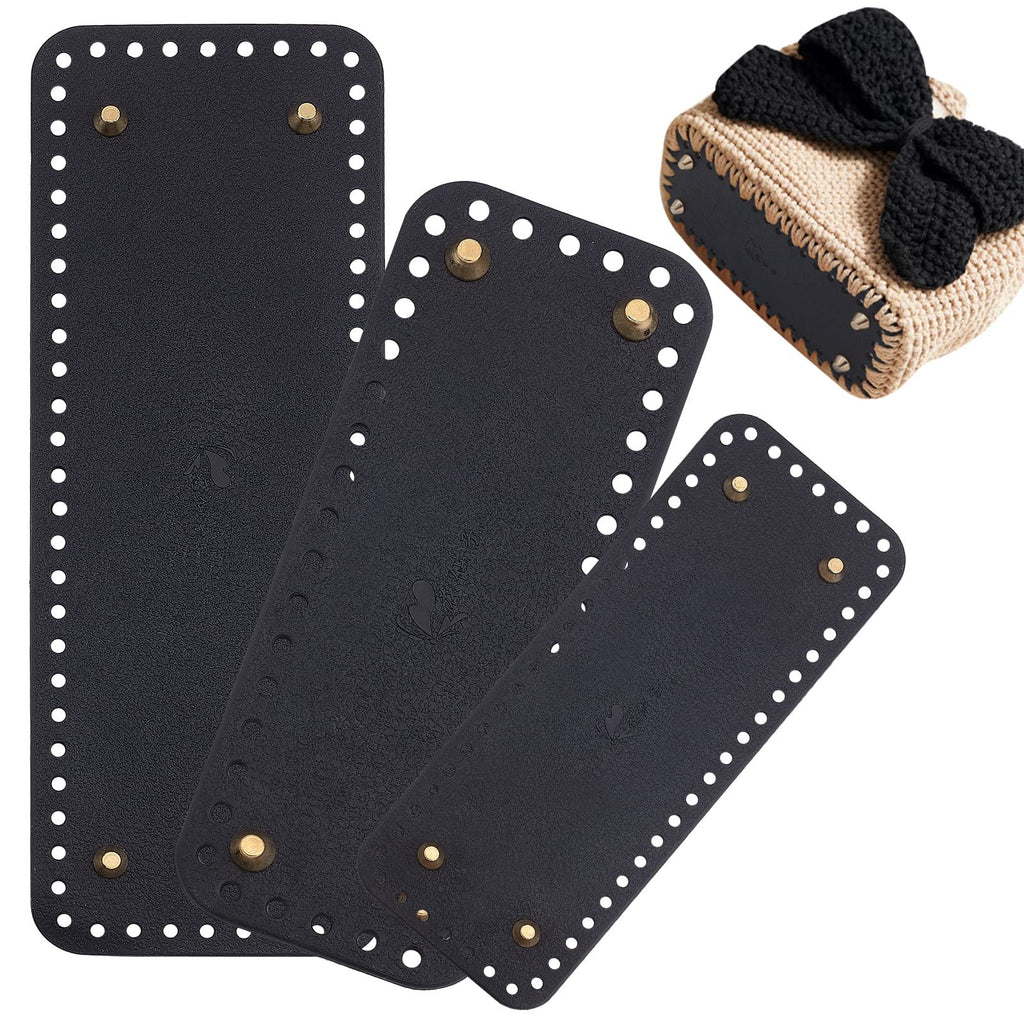 Three black rectangle leather purse bottoms with holes and brass feet, one shown as part of a finished crochet bag.