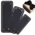 Three black rectangle leather purse bottoms with holes and brass feet, one shown as part of a finished crochet bag.