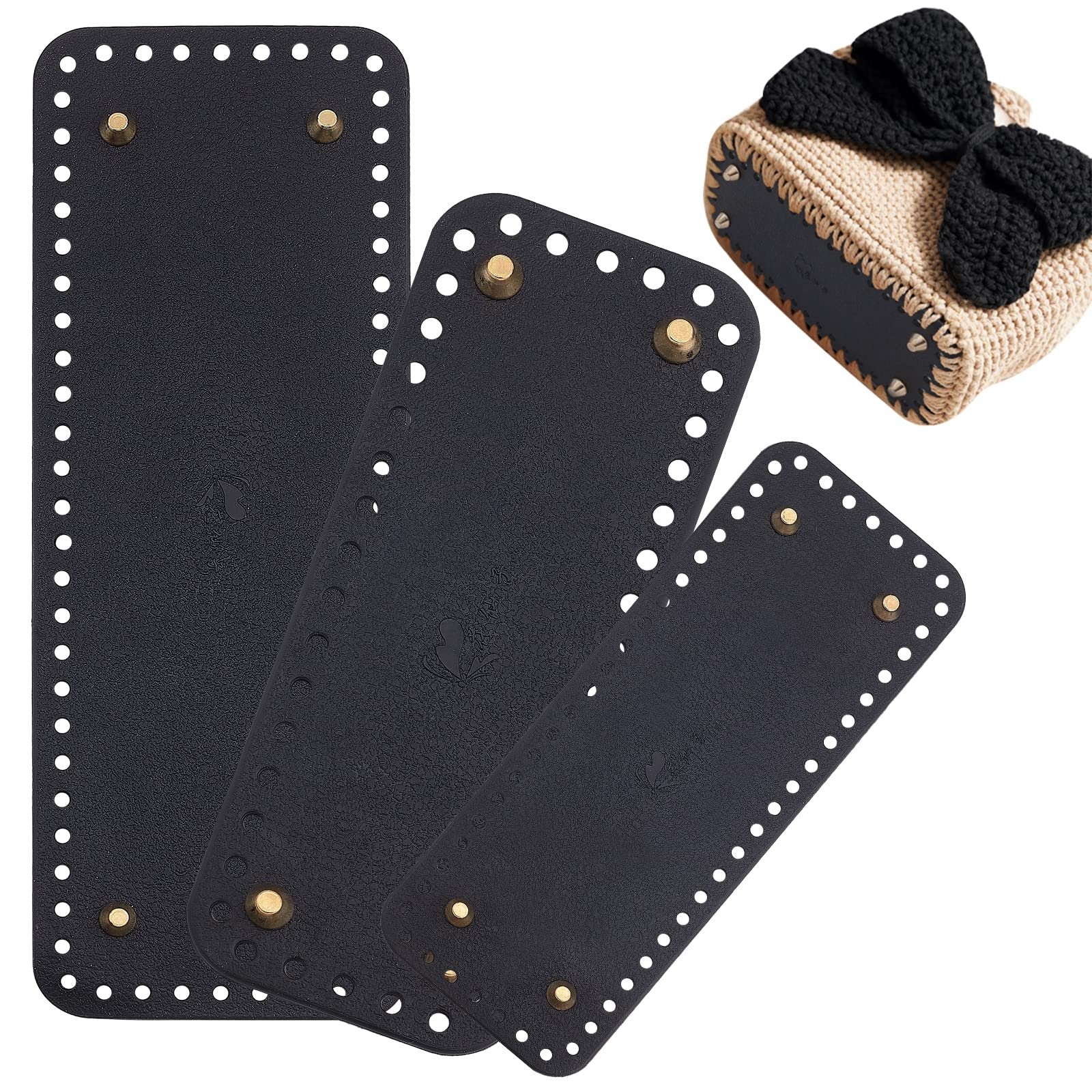 Three black rectangle leather purse bottoms with holes and brass feet, one shown as part of a finished crochet bag.